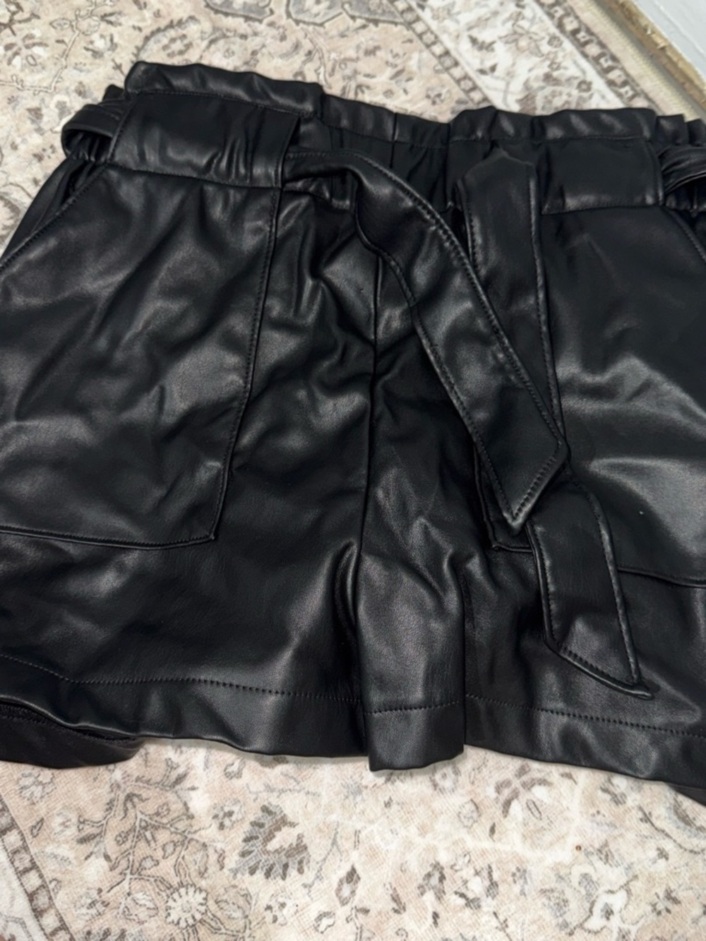 Ci Sono Black Faux Leather High-Waist Paperbag Belted Shorts